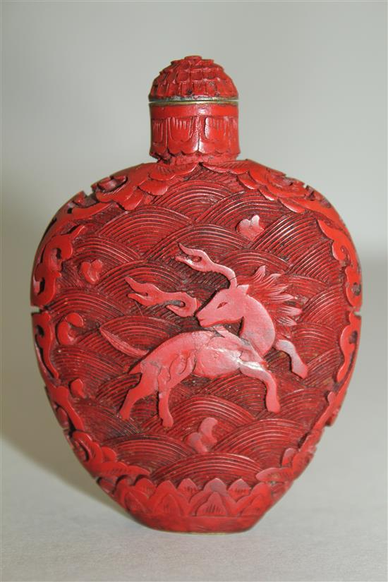 A Chinese cinnabar lacquer flask shaped snuff bottle, 1800-1900, 7.5cm